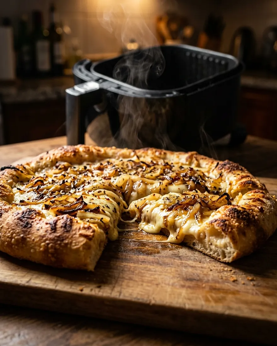Fugazzeta rellena de queso con cebolla dorada