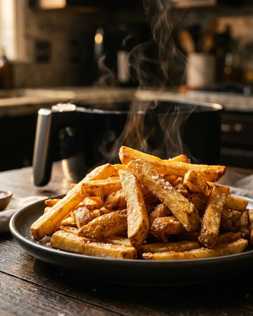 Papas bastón doradas y crocantes recién hechas