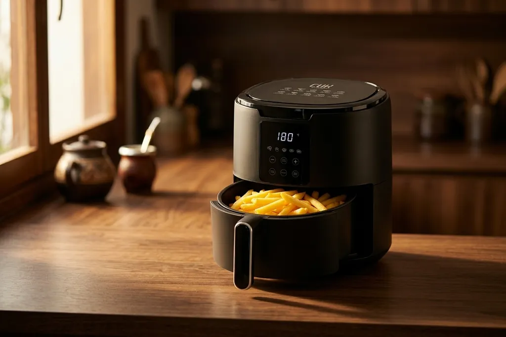 La airfryer de 4 litros del sorteo, sobre una mesada de madera, con la canasta abierta y papas fritas doradas adentro